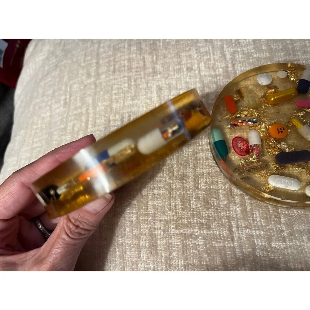 Vintage Clear Lucite Fun Pill & Gold leaf Drinks Coasters Great Gift Barware